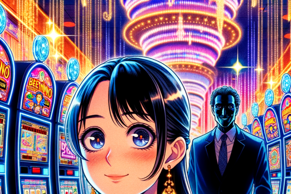 Anime-style illustration of a glamorous casino filled with hypnotic neon lights and slot machines. A young gambler with wide eyes is drawn into the flashing screens, while a shadowy casino executive smirks behind them, pulling invisible strings