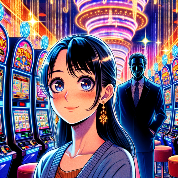 Anime-style illustration of a glamorous casino filled with hypnotic neon lights and slot machines. A young gambler with wide eyes is drawn into the flashing screens, while a shadowy casino executive smirks behind them, pulling invisible strings