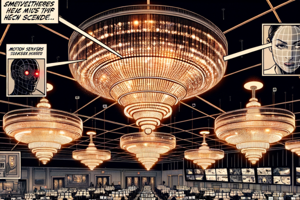A Marvel-style comic panel showing a high-tech casino floor with glowing security cameras, motion sensors, and facial tracking grids over players' faces. A hidden control room operator watches multiple screens showing detailed player behavior in real-time. The scene is filled with suspense and tech-noir atmosphere.