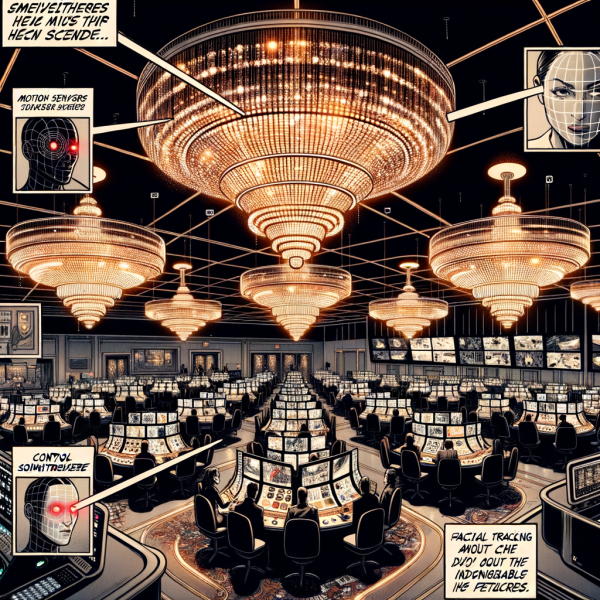 A Marvel-style comic panel showing a high-tech casino floor with glowing security cameras, motion sensors, and facial tracking grids over players' faces. A hidden control room operator watches multiple screens showing detailed player behavior in real-time. The scene is filled with suspense and tech-noir atmosphere.