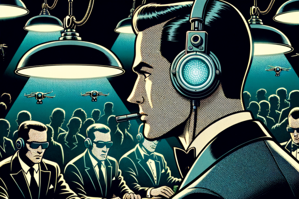 A Marvel-style comic showing a secret agent disguised as a guest in a tuxedo, earpiece glowing, watching a suspicious high-stakes poker game. The background includes hidden surveillance drones and intense lighting that creates tension like a spy thriller.
