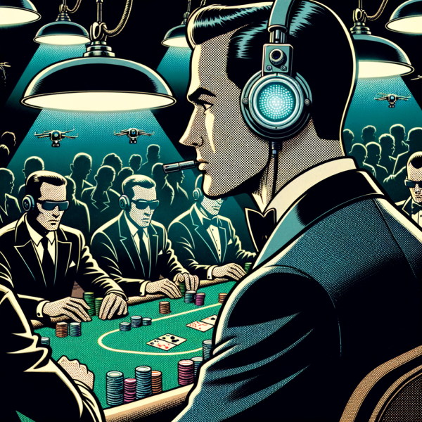 A Marvel-style comic showing a secret agent disguised as a guest in a tuxedo, earpiece glowing, watching a suspicious high-stakes poker game. The background includes hidden surveillance drones and intense lighting that creates tension like a spy thriller.