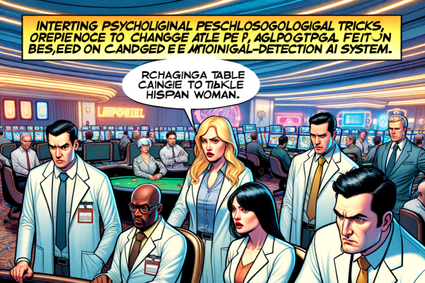 A Marvel-style comic shows casino psychologists in lab coats observing players through two-way mirrors. On the casino floor, table limits shift on digital displays based on emotion-sensing AI. A dramatic narrator bubble explains the mind tricks in play.