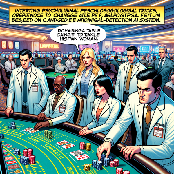 A Marvel-style comic shows casino psychologists in lab coats observing players through two-way mirrors. On the casino floor, table limits shift on digital displays based on emotion-sensing AI. A dramatic narrator bubble explains the mind tricks in play.