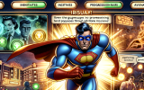 A Marvel-style hero is immersed in a gamified casino dashboardâ€”leveling up, claiming glowing trophies, and battling through bonus missions. The interface explodes with rewards, experience bars, and animated characters in comic action poses.