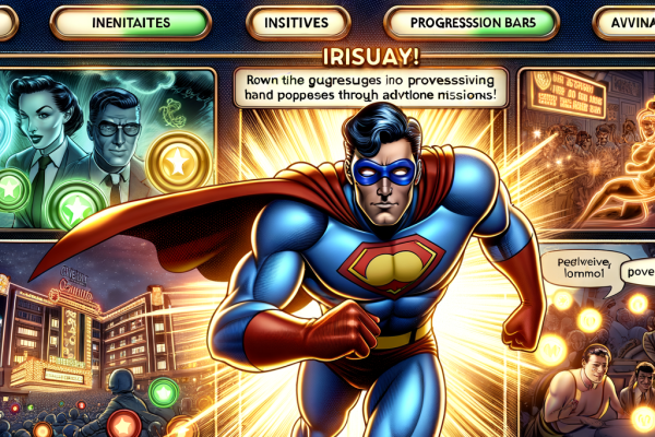 A Marvel-style hero is immersed in a gamified casino dashboardâ€”leveling up, claiming glowing trophies, and battling through bonus missions. The interface explodes with rewards, experience bars, and animated characters in comic action poses.