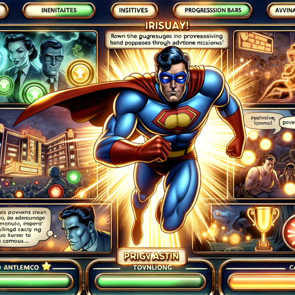 A Marvel-style hero is immersed in a gamified casino dashboardâ€”leveling up, claiming glowing trophies, and battling through bonus missions. The interface explodes with rewards, experience bars, and animated characters in comic action poses.