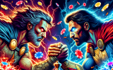 A comic book face-off scene where Martingale and Paroli are depicted as rival charactersâ€”one aggressive, the other strategic. They battle it out on a digital roulette board while a crowd watches with glowing chips in hand.