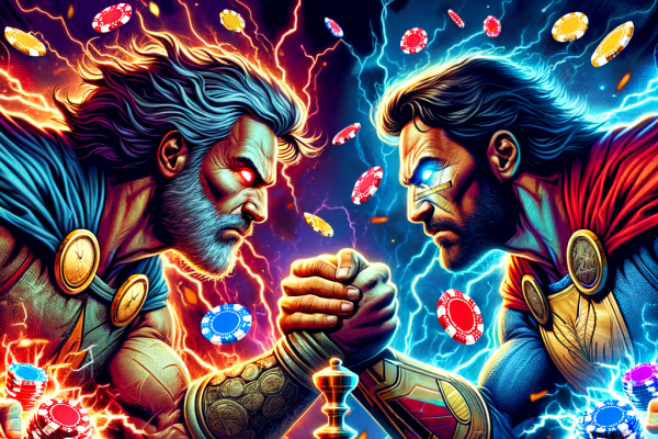 A comic book face-off scene where Martingale and Paroli are depicted as rival charactersâ€”one aggressive, the other strategic. They battle it out on a digital roulette board while a crowd watches with glowing chips in hand.