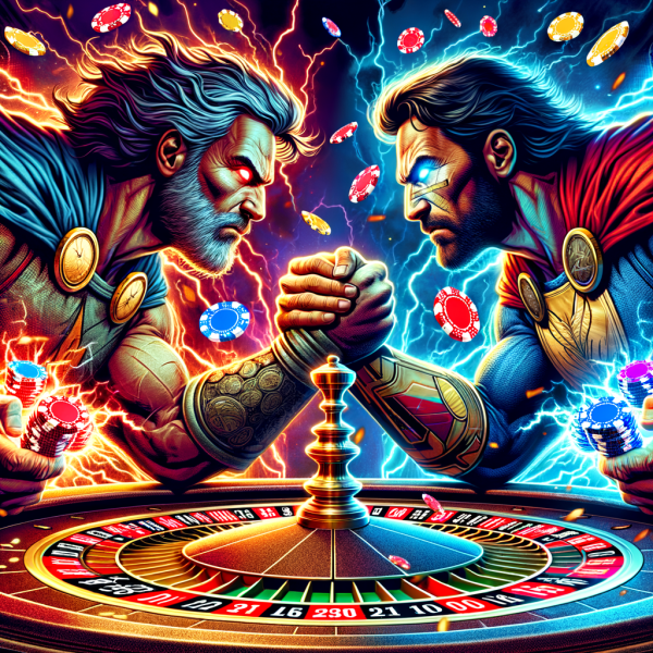 A comic book face-off scene where Martingale and Paroli are depicted as rival charactersâ€”one aggressive, the other strategic. They battle it out on a digital roulette board while a crowd watches with glowing chips in hand.