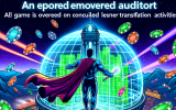 A comic-book visual of a digital fortress casino where all games are run by transparent blockchain code. A superhero auditor shines a spotlight on hidden transactions, while villains flee with broken ledgers.