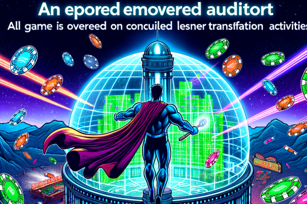 A comic-book visual of a digital fortress casino where all games are run by transparent blockchain code. A superhero auditor shines a spotlight on hidden transactions, while villains flee with broken ledgers.