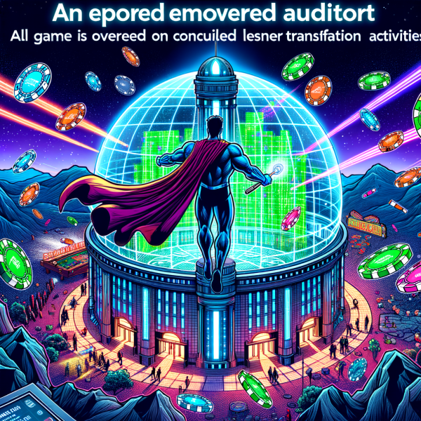A comic-book visual of a digital fortress casino where all games are run by transparent blockchain code. A superhero auditor shines a spotlight on hidden transactions, while villains flee with broken ledgers.