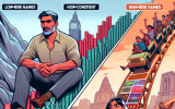 A comic chart comes to life with characters representing low-risk vs high-risk games. One player climbs safely with steady chips, the other rides a rollercoaster of volatile slots. The scene is colorful, dynamic, and educational.