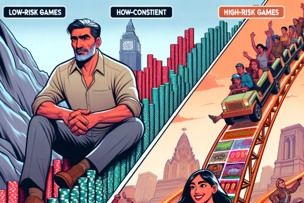 A comic chart comes to life with characters representing low-risk vs high-risk games. One player climbs safely with steady chips, the other rides a rollercoaster of volatile slots. The scene is colorful, dynamic, and educational.
