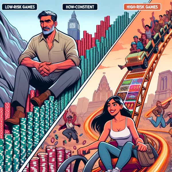 A comic chart comes to life with characters representing low-risk vs high-risk games. One player climbs safely with steady chips, the other rides a rollercoaster of volatile slots. The scene is colorful, dynamic, and educational.