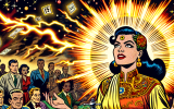 A comic heroine with glowing psychic energy stands over a roulette wheel, predicting numbers while stunned gamblers and skeptical pit bosses watch. Lightning and aura effects add drama.