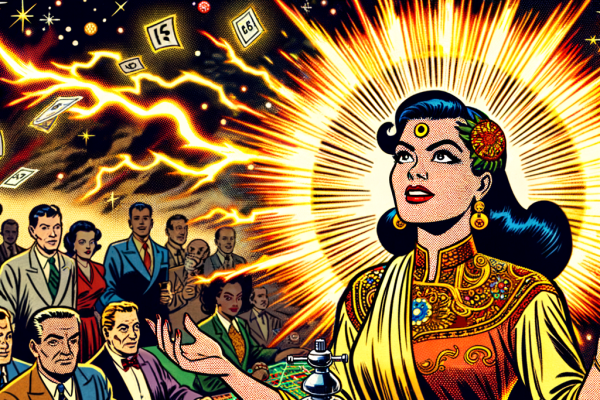 A comic heroine with glowing psychic energy stands over a roulette wheel, predicting numbers while stunned gamblers and skeptical pit bosses watch. Lightning and aura effects add drama.
