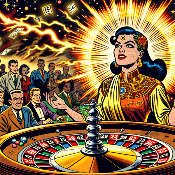 A comic heroine with glowing psychic energy stands over a roulette wheel, predicting numbers while stunned gamblers and skeptical pit bosses watch. Lightning and aura effects add drama.