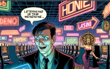 A comic panel of a gambler lost in a neon-lit, labyrinthine casino floor. Overhead signs twist direction, and slot machines seem to move. In the corner, a casino architect grins, blueprint in hand, like a mastermind villain.