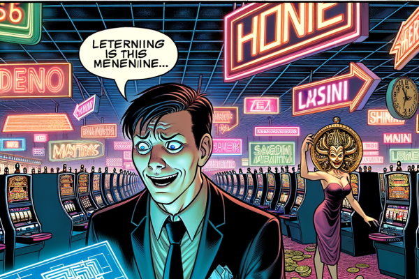 A comic panel of a gambler lost in a neon-lit, labyrinthine casino floor. Overhead signs twist direction, and slot machines seem to move. In the corner, a casino architect grins, blueprint in hand, like a mastermind villain.