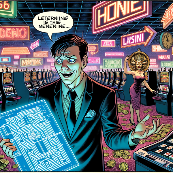 A comic panel of a gambler lost in a neon-lit, labyrinthine casino floor. Overhead signs twist direction, and slot machines seem to move. In the corner, a casino architect grins, blueprint in hand, like a mastermind villain.