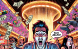 A comic panel showing a stunned player watching zeros pile up on the screen. Behind the scenes, panicked casino employees scramble to fix a software bug as alarms flash in red.