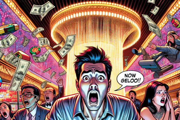 A comic panel showing a stunned player watching zeros pile up on the screen. Behind the scenes, panicked casino employees scramble to fix a software bug as alarms flash in red.