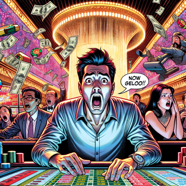 A comic panel showing a stunned player watching zeros pile up on the screen. Behind the scenes, panicked casino employees scramble to fix a software bug as alarms flash in red.
