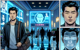 A comic scene where a player walks into a futuristic casino and facial scans flash across digital walls. AI bots analyze expressions while a villain tries to slip through using a fake face mask. Panels glow in blue-white tech lighting.