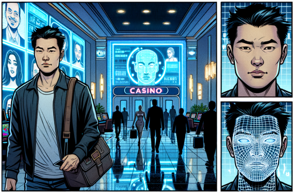 A comic scene where a player walks into a futuristic casino and facial scans flash across digital walls. AI bots analyze expressions while a villain tries to slip through using a fake face mask. Panels glow in blue-white tech lighting.