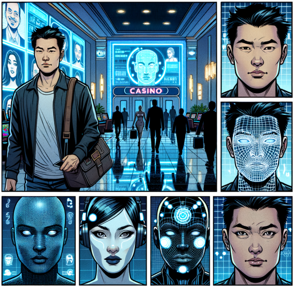 A comic scene where a player walks into a futuristic casino and facial scans flash across digital walls. AI bots analyze expressions while a villain tries to slip through using a fake face mask. Panels glow in blue-white tech lighting.