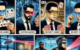 A comic spy thriller where a high-tech gambler uses smart glasses to scan cards and calculate odds. Security lasers trace the cheat in progress. In the final panel, casino guards in sleek armor leap into action.