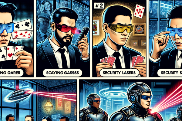A comic spy thriller where a high-tech gambler uses smart glasses to scan cards and calculate odds. Security lasers trace the cheat in progress. In the final panel, casino guards in sleek armor leap into action.