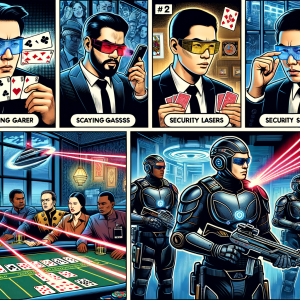 A comic spy thriller where a high-tech gambler uses smart glasses to scan cards and calculate odds. Security lasers trace the cheat in progress. In the final panel, casino guards in sleek armor leap into action.