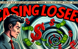 A comic-style gambler is caught in a vortex labeled 'Chasing Losses' while ghostly dollar signs and red numbers swirl around. A narrator explains the emotional trap in comic text boxes, like a cautionary tale.