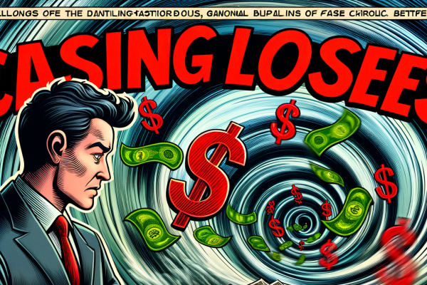 A comic-style gambler is caught in a vortex labeled 'Chasing Losses' while ghostly dollar signs and red numbers swirl around. A narrator explains the emotional trap in comic text boxes, like a cautionary tale.