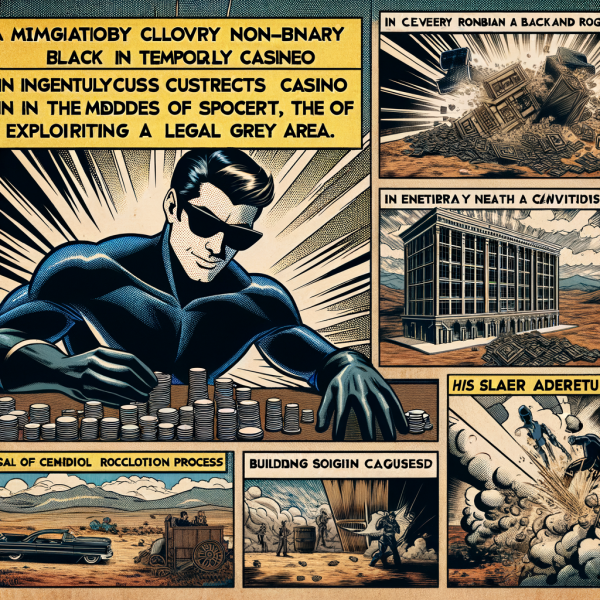 A comic tale of a brilliant rogue who builds a pop-up casino in the desert to satisfy a legal loophole. Courtroom and construction scenes are drawn like a superhero origin story.