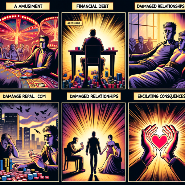 A dramatic Marvel-style sequence shows a gamblerâ€™s transformationâ€”fun at first, but each panel gets darker: loans, broken relationships, isolation. A friend character in the final panel reaches out with hope, glowing with light and compassion.