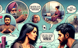A heartfelt comic panel showing a family member gently confronting their loved one over coffee. Speech bubbles emphasize empathy and understanding. In the background, flashbacks show the pain gambling has caused and the potential for recovery.