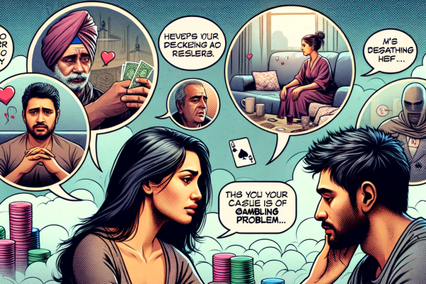 A heartfelt comic panel showing a family member gently confronting their loved one over coffee. Speech bubbles emphasize empathy and understanding. In the background, flashbacks show the pain gambling has caused and the potential for recovery.