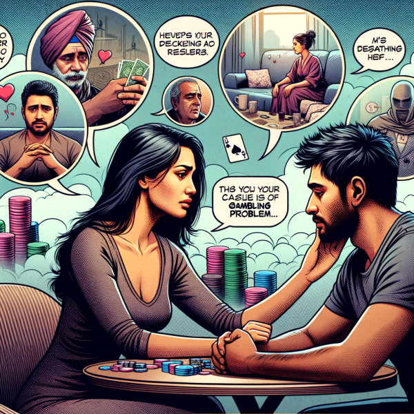 A heartfelt comic panel showing a family member gently confronting their loved one over coffee. Speech bubbles emphasize empathy and understanding. In the background, flashbacks show the pain gambling has caused and the potential for recovery.