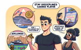 A motivational comic showing a disciplined player balancing a casino trip with exercise, budgeting, and self-control tools. A trainer character watches over them like a mentor, emphasizing balance and awareness.