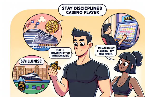 A motivational comic showing a disciplined player balancing a casino trip with exercise, budgeting, and self-control tools. A trainer character watches over them like a mentor, emphasizing balance and awareness.
