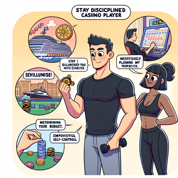 A motivational comic showing a disciplined player balancing a casino trip with exercise, budgeting, and self-control tools. A trainer character watches over them like a mentor, emphasizing balance and awareness.