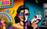 A split-panel comic scene: in public, a gambler boasts with bright colors and fake winning tickets. In private, the room is dark and full of bills and broken tokens. A masked expression hides their emotional struggle.