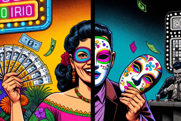A split-panel comic scene: in public, a gambler boasts with bright colors and fake winning tickets. In private, the room is dark and full of bills and broken tokens. A masked expression hides their emotional struggle.