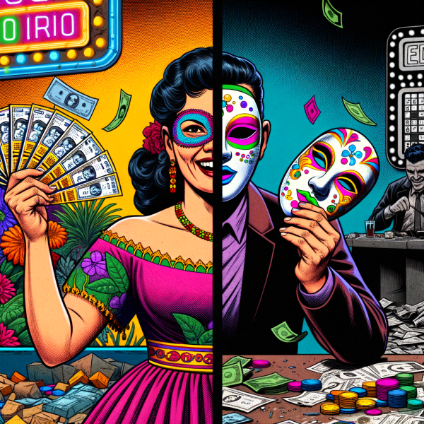 A split-panel comic scene: in public, a gambler boasts with bright colors and fake winning tickets. In private, the room is dark and full of bills and broken tokens. A masked expression hides their emotional struggle.