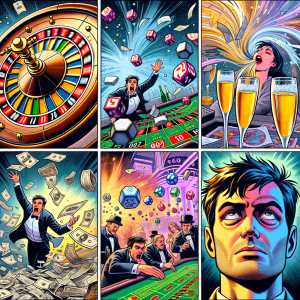 A wild Marvel-style comic ride through a night of chaosâ€”spinning roulette wheels, champagne spills, soaring jackpots, and sudden collapse. The hero wakes up with regret and a blurry flashback of the casino carnage.