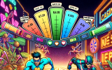 Two comic charactersâ€”FlatBet and ProgBetâ€”race through a neon-lit casino obstacle course, each facing different challenges and outcomes. Stats and comparison meters hover above in comic HUD style.